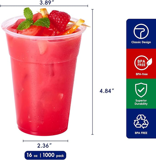 JOLLY CHEF 𝟏𝟎𝟎𝟎 𝐏𝐚𝐜𝐤 16 oz Clear Plastic Cups,Disposable Cups Drinking Cups for Ice Coffee,Milkshake, Cold Drinks