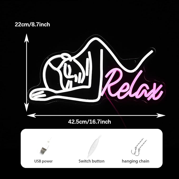 Dimmable Relax Neon Sign Led Woman Relax Neon Light for Wall Decor White Pink Lady Body Neon Wall Light Up Sign for Beauty Salon Massage Shop Ladies Room Decor Gifts for girls (16.7‘’*8.7‘’USB）