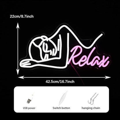 Dimmable Relax Neon Sign Led Woman Relax Neon Light for Wall Decor White Pink Lady Body Neon Wall Light Up Sign for Beauty Salon Massage Shop Ladies Room Decor Gifts for girls (16.7‘’*8.7‘’USB）