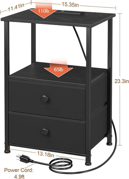 Night Stand Set 2, LED Nightstand with Charging Station, End Tables with Storage Shelf, Bed Side Table with 2 Fabric Drawers for Bedroom, Small Spaces, Black, HETS02BK