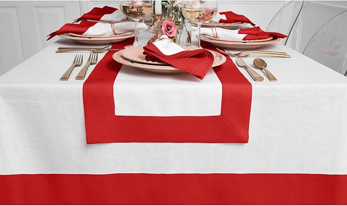 Solino Home Linen Table Runner 48 Inches - 100% Pure Linen Red and White Small Table Runner 14 x 48 Inch Ideal for Dresser and Coffee Tables - Contempo - Christmas, Holiday, Winter, New Year