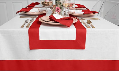 Solino Home Linen Table Runner 48 Inches - 100% Pure Linen Red and White Small Table Runner 14 x 48 Inch Ideal for Dresser and Coffee Tables - Contempo - Christmas, Holiday, Winter, New Year