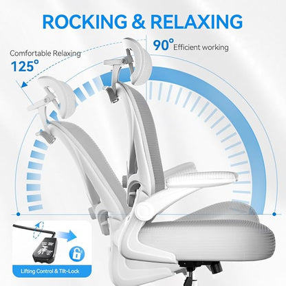Ergonomic Office Chair with Headrest 3D, Mesh Office Desk Chair with Adjustable Lumbar Support, Computer Chair with Flip up Armrests, 350LBS Capacity - Design for Home/Offices - Grey
