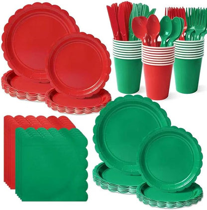 Vyntra 350 PCS Disposable Plates for Party, Paper Plates & Napkins Set with Cups, Knives, Forks, Spoons, 7'' Dessert and 9'' Dinner Plates for Christmas, Holiday Party - Red and Green