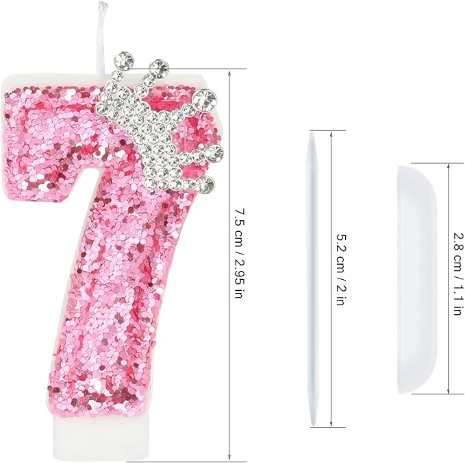 Birthday Number Candles,Pink Crown Birthday Candles for Cake,Glitter Number 7 Candle Cake Topper with Sequins for Girls,Women, Anniversary Celebrations Supplies (Pink 7)