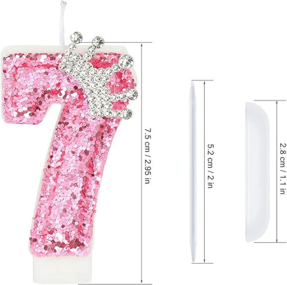 Birthday Number Candles,Pink Crown Birthday Candles for Cake,Glitter Number 7 Candle Cake Topper with Sequins for Girls,Women, Anniversary Celebrations Supplies (Pink 7)