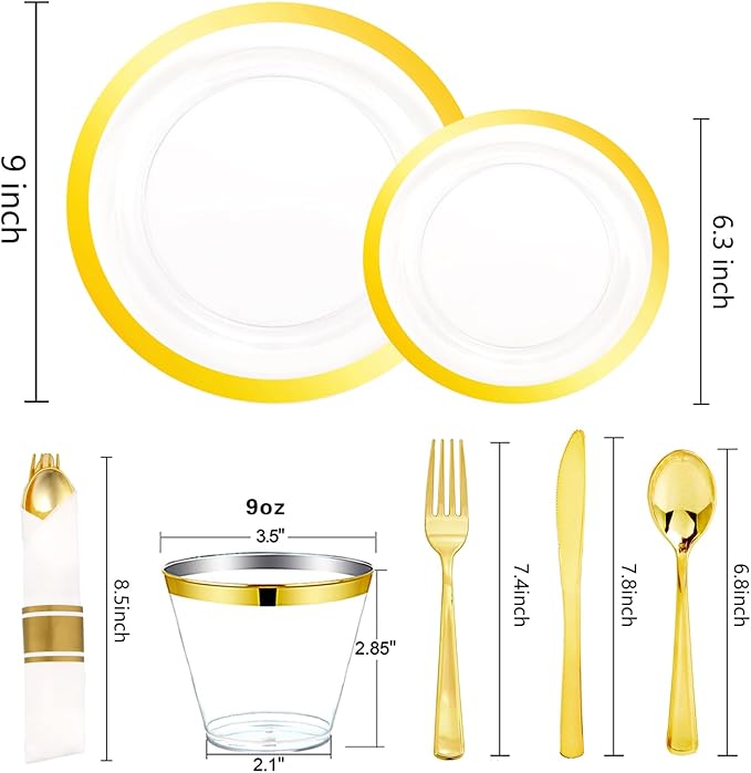 Liacere 350PCS Clear Gold Plastic Plates for 50 Guests Dinnerware Include 100 disposable Plates 150 Gold Silverware 50Napkins for Party & Wedding & New Year & Christmas