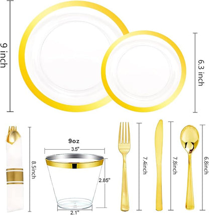 Liacere 350PCS Clear Gold Plastic Plates for 50 Guests Dinnerware Include 100 disposable Plates 150 Gold Silverware 50Napkins for Party & Wedding & New Year & Christmas