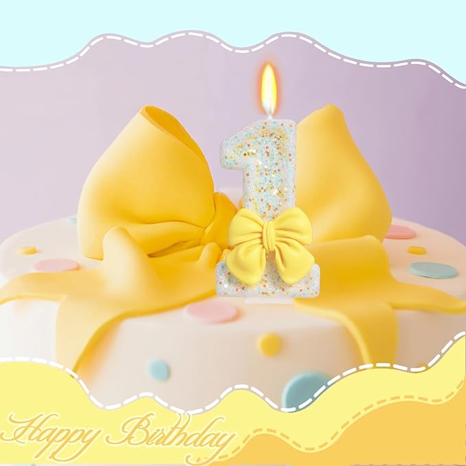Birthday Candle for Cake, Yellow Bow Cake Candles, Cake Topper Decoration for Birthday Party (Number 1)