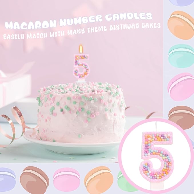 Birthday Candles for Girls - Number 5 Candle, Colorful Macaron Candles, 5 Cake Topper Cake Decorations, 5th Birthday Decorations Girl, Theme Birthday Party Supplies (Pink)