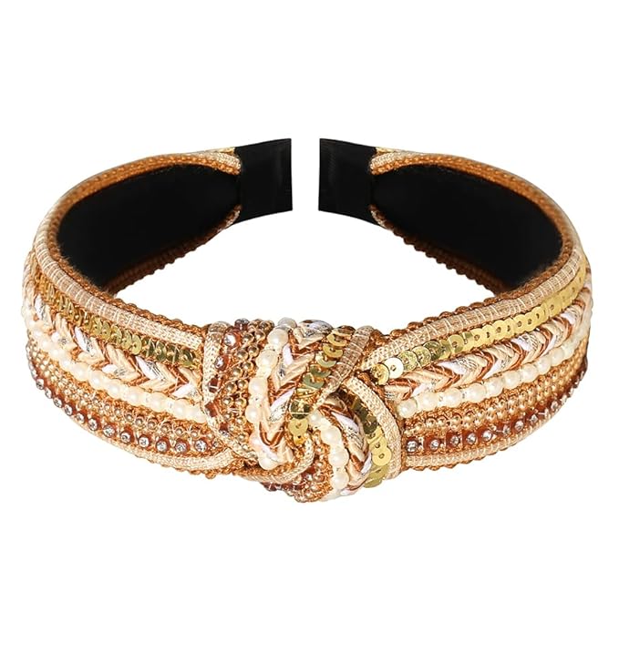 Women's Boho Knotted Sequin Pearls Headbands for Women Non Slip, Girls Top Knot Sparkly Wide Hair Accessories Christmas Gift (Boho Yellow Knot)
