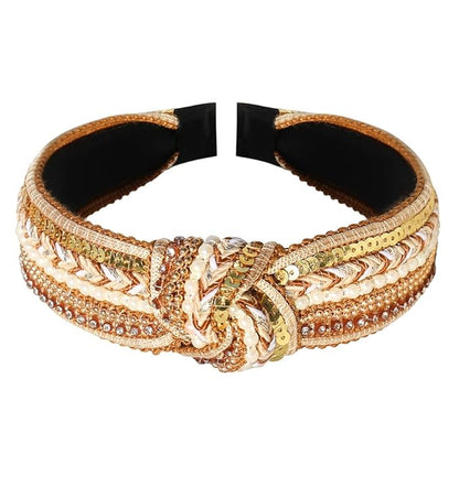 Women's Boho Knotted Sequin Pearls Headbands for Women Non Slip, Girls Top Knot Sparkly Wide Hair Accessories Christmas Gift (Boho Yellow Knot)