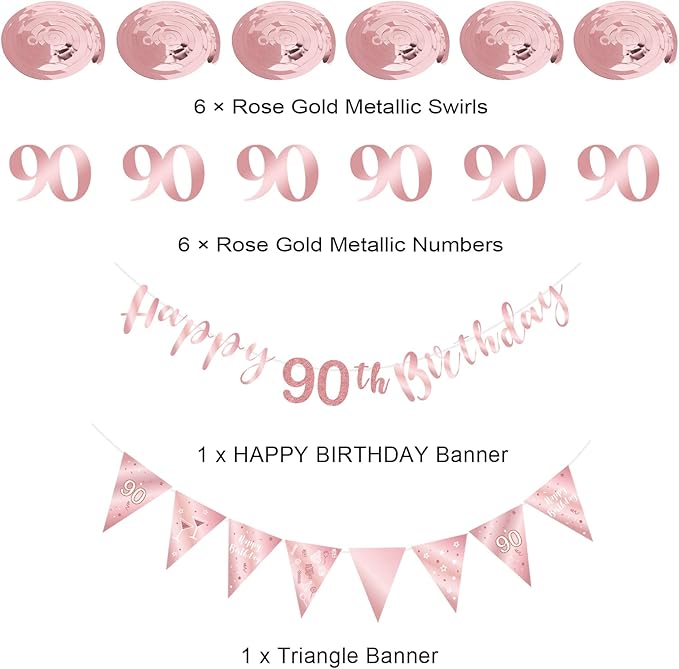 Rose Gold 90th Birthday Decoration Kit - Happy 90th Banner, Bunting, Streamers & Triangle Flag for Party Decorations