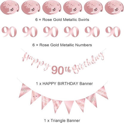 Rose Gold 90th Birthday Decoration Kit - Happy 90th Banner, Bunting, Streamers & Triangle Flag for Party Decorations