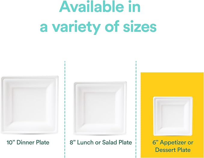 ECO SOUL Compostable Square Paper Plates 6 Inch (200 Count) for Thanksgiving Dessert, Heavy Duty, Eco-Friendly Sugarcane Bagasse Small Plates For Appetizer- White