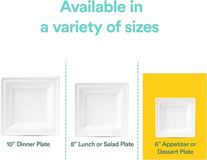 ECO SOUL Compostable Square Paper Plates 6 Inch (200 Count) for Thanksgiving Dessert, Heavy Duty, Eco-Friendly Sugarcane Bagasse Small Plates For Appetizer- White