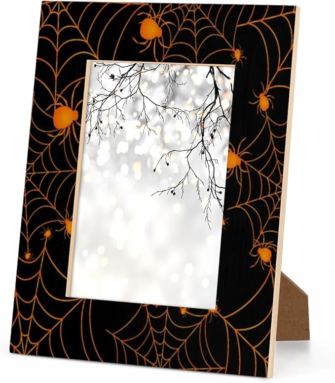 Tavisto Halloween Themed 5x7 Picture Frame Spooky Spider Web Wooden Photo Frames for Tabletop Display Wall Mounting Fits 5x7 Pictures Home Office Decor