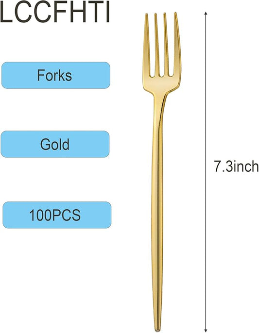 100 PCS Gold Plastic Forks, Heavy Duty Disposable Gold Forks, Gold Silverware Plastic Utensils for Party, Birthday, Wedding