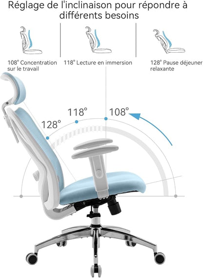 SIHOO M18 Ergonomic Office Chair, Computer Desk Chair with Adjustable Headrest and Lumbar Support, High Back Executive Swivel Chair for Home Office (Light Blue)