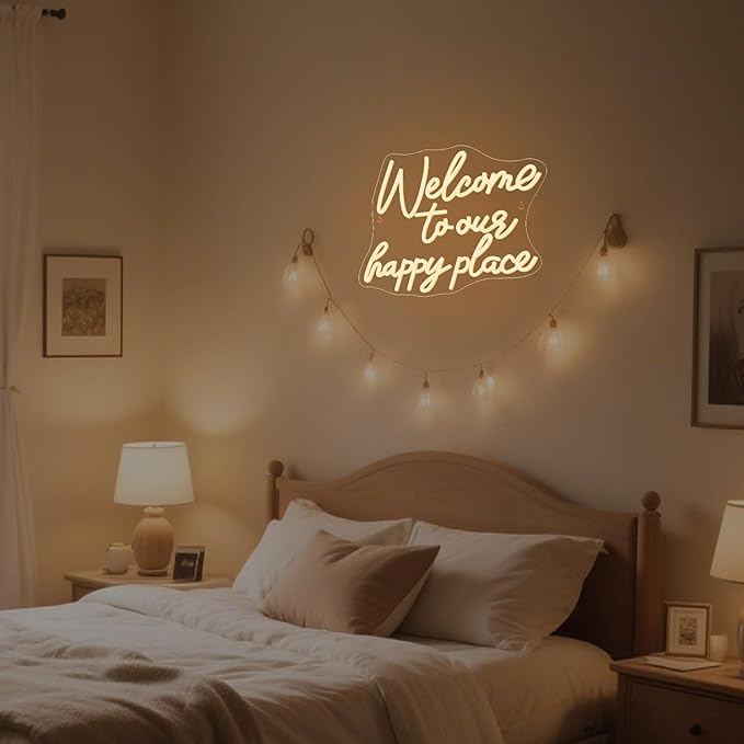 NOSUN WELCOME TO OUR HAPPY PLACE Neon Sign Happy Place Neon Signs for Wall Decor Dimmable Warm White LED Signs for Bedroom Classroom Man Cave Home Bar Birthday Party Game Zone Decor Neon Classroom Sign