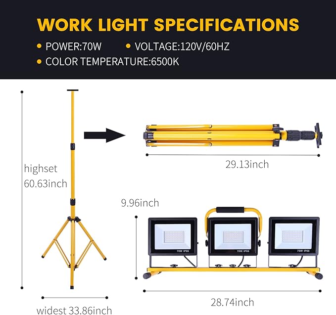 21000 Lumen Work Lights with Stand, 3 Adjustable Head LED Work Light, with Adjustable and Foldable Tripod Stand, Waterproof Lamp with Individual Switch with 6500 Kelvin Color Temperature