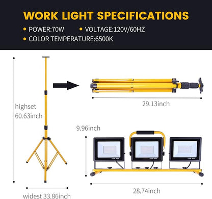 21000 Lumen Work Lights with Stand, 3 Adjustable Head LED Work Light, with Adjustable and Foldable Tripod Stand, Waterproof Lamp with Individual Switch with 6500 Kelvin Color Temperature