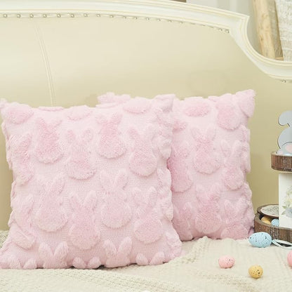 GEEORY Easter Bunny Soft Plush Pillow Covers, 20 x 20 Inch Set of 2, Fluffy Faux Fur Wool Decorative Farmhouse Cushion Case for Sofa Home Decoration Pink GC015-20