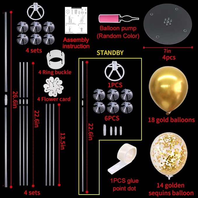 TONIFUL 4 Set Gold Balloon Centerpieces for Table, Balloon Stand Kit for Party Decorations, 40th 50th 60th 70 th Birthday Decorations Retirement Anniversary Graduation Decoration 2026 New Years Eve