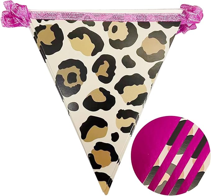 Hot Pink Leopard Print Pennant Banner Flag Hanging Paper Triangle Bunting for Cheetah Print Leopard Theme Birthday Baby Shower Wedding Bachelorette Engagement Bridal Shower Party Decorations Supplies