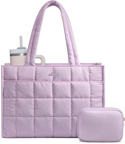 LOVEVOOK Tote Bag for Women, Puffer Work Handbag 15.6 Inch Laptop Purse for Nurse Teacher, Large Quilted Travel Tote Shoulder Bag with Zipper for College Office Clinical Gym, Light Purple