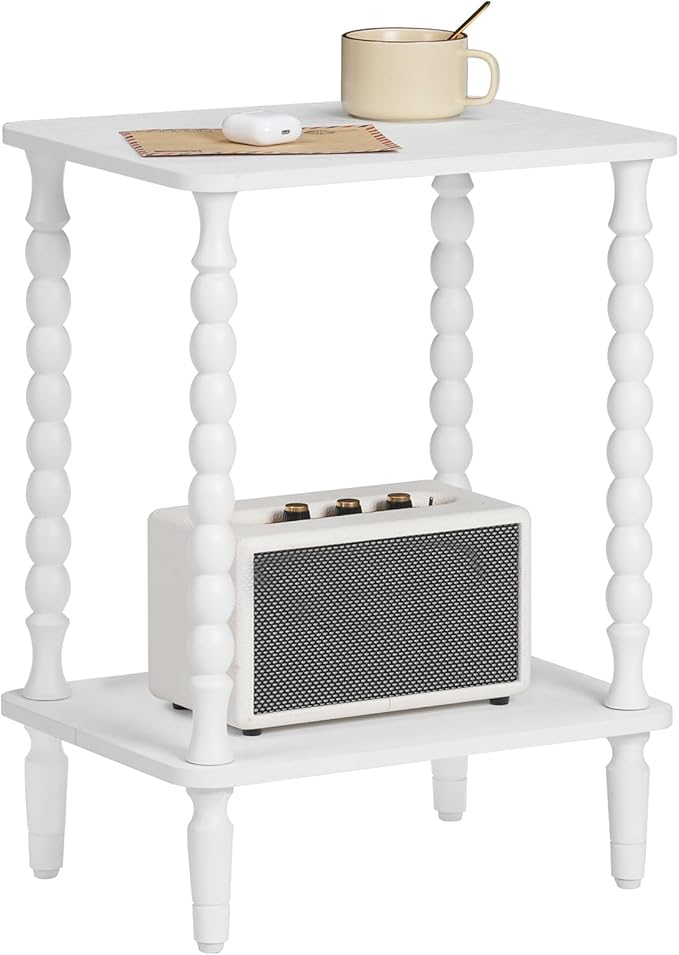 HOOBRO End Table, 2-Tier Small Side Table with Spindle Legs, Nightstand with Storage Shelves, Sofa Side Table, for Small Space, Living Room, Bedroom, White WT189BZ01