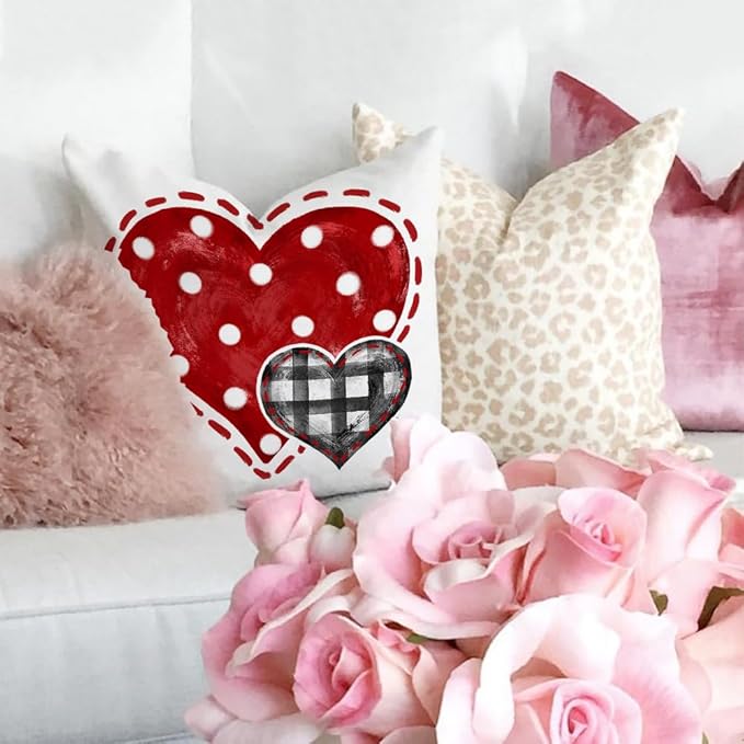 GEEORY Valentine's Day Pillow Covers 18 x 18 Inch Set of 4, Valentines Decor Polka Dots Red Hearts Love Bowknot Decorative Pillowcases for Home Sofa Couch Cushion Decoration G442-18