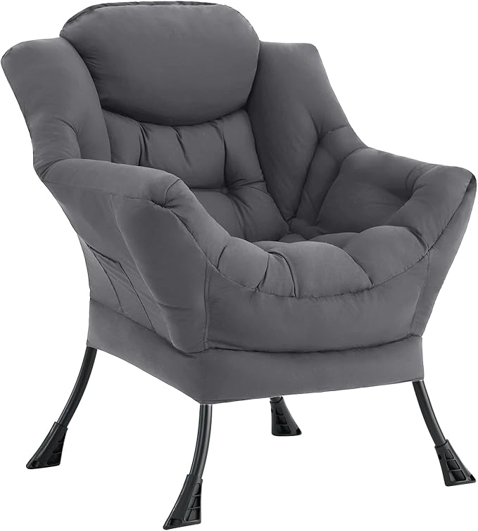 LITA Lazy Chair with Armrests and Side Pocket, Modern Upholstered Accent Reading Chair for Living Room, Bedroom, Dorm, Small Spaces, Single Dark Grey