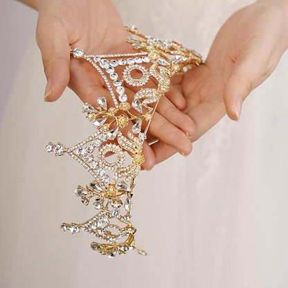 Wekicici Baroque Queen Crown Gold Crystal Tiara Rhinestone Princess Wedding Headband for Women Birthday Pageant Party(Gold)