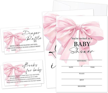 Pink Bow Baby Shower Invitations, Fill-in Invites For Gender Reveal Baby Announcement, Party Favor & Accessories(25 Invitations With Envelopes, 25 Dipaer Raffle Tickets & 25 Book Request Cards)-12
