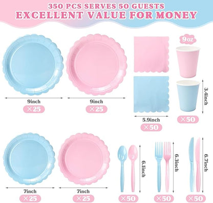 Vyntra 350 PCS Disposable Plates for Party, Paper Plates & Napkins Set with Cups, Knives, Forks, Spoons, 7'' Dessert and 9'' Dinner Plates for Gender Reveal, Baby Shower - Pink and Blue