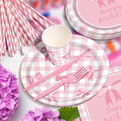 168Pcs Pink Bow Birthday Decorations Party Supplies Include Pink Bow Birthday Plates Napkins Cups Cutlery Straws Bow Theme Tableware Party Supplies for Girls Women, Serves 24