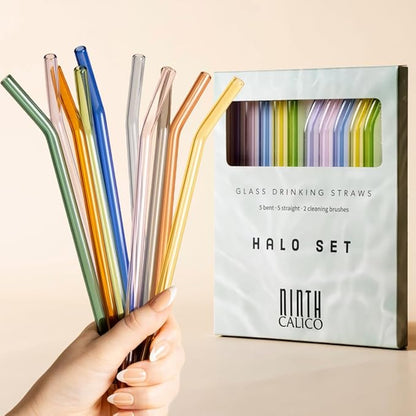 10 Pcs Reusable Glass Drinking Straws, Colorful and Durable Glass Straws for Beverages, Smoothies, Iced Coffee, Matcha, Juice, Set of 10-5 Straight, 5 Bent, 2 Cleaning Brushes - (Halo Set)