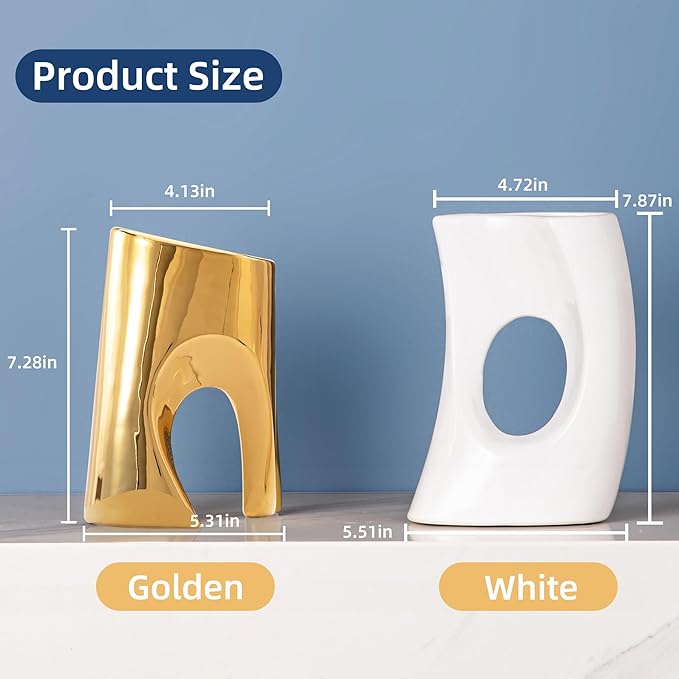 Gold and White Vases Set of 2, Ceramic Flower vase for Pampas Grass, Modern Gold Vases Home Decor, Nordic Snuggle Hollow Boho vases Table Centerpieces