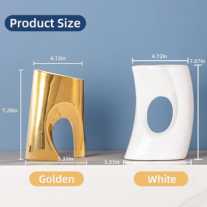 Gold and White Vases Set of 2, Ceramic Flower vase for Pampas Grass, Modern Gold Vases Home Decor, Nordic Snuggle Hollow Boho vases Table Centerpieces