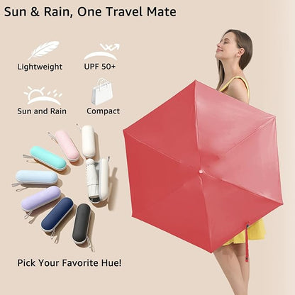 BAODINI Travel Essentials Mini Umbrella for Purse With Case Small Compact UV Sun Protection Lightweight Tiny Pocket Manual Open Close Umbrella for Women Kids and Men Fits Purse Backpack