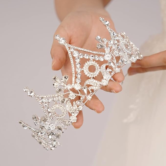 Wekicici Baroque Queen Crown Silver Crystal Tiara Rhinestone Princess Wedding Headband for Women Birthday Pageant Party(Silver)