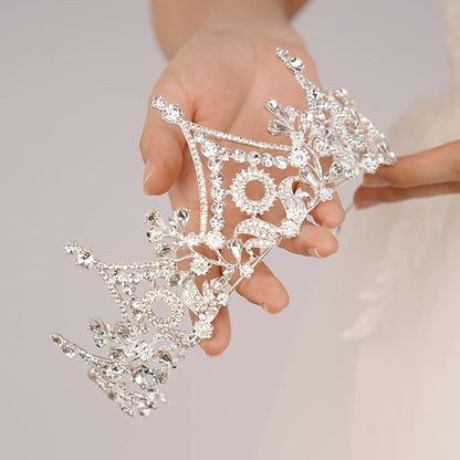 Wekicici Baroque Queen Crown Silver Crystal Tiara Rhinestone Princess Wedding Headband for Women Birthday Pageant Party(Silver)