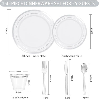 150 PCS Silver Disposable Dinnerware Set for 25 Guests, Silver Plastic Plates for Party, Including 25 Dinner Plates, 25 Salad Plates, 25 Cups, 25 Forks Knives Spoons for Wedding and Party Supplies