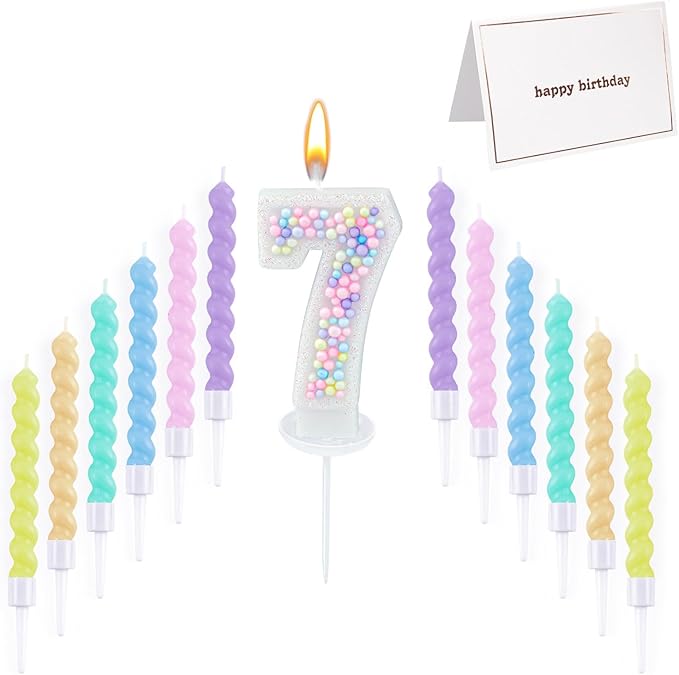 Number Birthday Candle with 12PCS Spiral Candles and A Birthday Card - Perfect for Celebrating Birthdays (Macaron Glitter, Number 7)