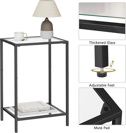 Side Tables Set of 2, End Tables with Tempered Glass, 2-Tier Nightstands with Storage Shelves, Coffee Table with Modern Style, Slim Sofa Table for Living Room, Bedroom, 11.8" D x 15" W, Black