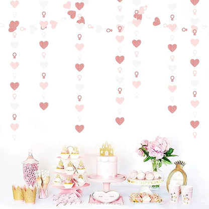 Rose-Gold Pink White Heart-Ring Garland - 52Ft Engagement Bachelorette Party Decorations Wedding Paper Streamers Banner,Galentines Proposal Decor Lasting Surprise