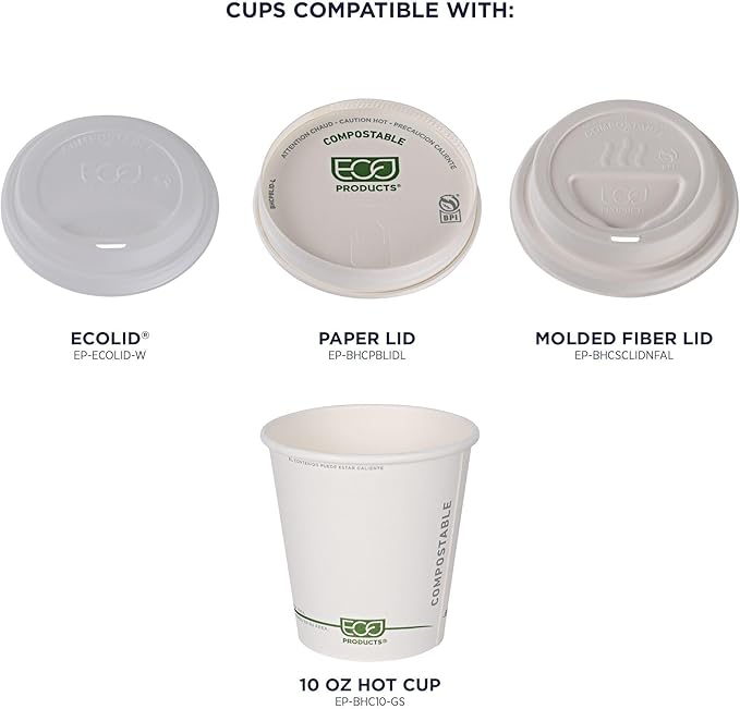 ECO PRODUCTS Compostable Disposable GreenStripe 10oz Coffee Cups, Pack of 50, White Single Wall Hot Paper Cup, Plant Based PLA Lining, Biodegradable