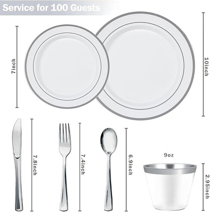 N9R 600PCS Silver Disposable Plastic Plates, Silver Plastic Dinnerware Set Includes 100 Dinner Plates, Dessert Plate, Cups, Spoons, Forks, Knives for 100 Guests, Perfect for Party, Wedding, Birthday