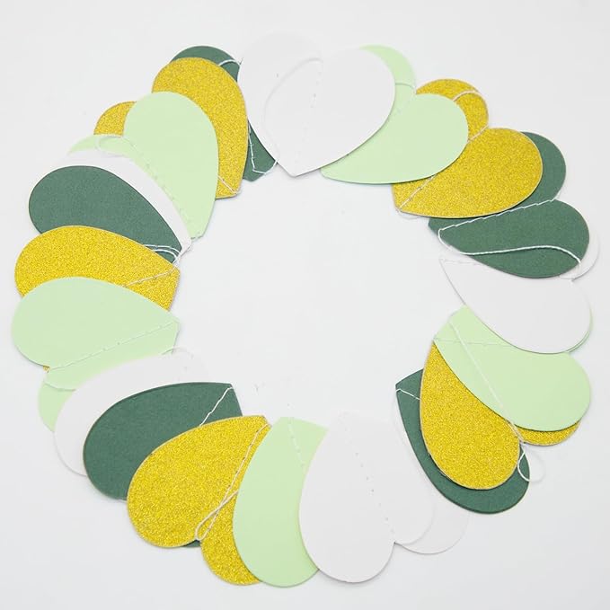 Sage-Green White Gold Party Decorations – 52Ft Paper Heart Garland Streamer Birthday Banner Engagement Bachelorette Wedding Baby Bridal Shower Valentines Day Hanging Decor